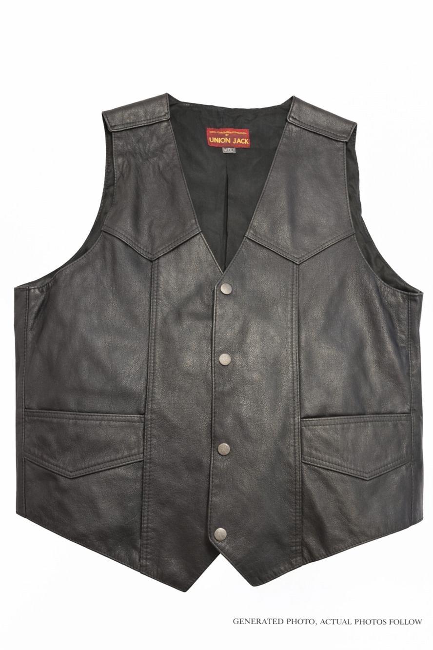 Yukon Jack Genuine Leather Vest Snap Front Biker Western Moto Pockets Black 4XL